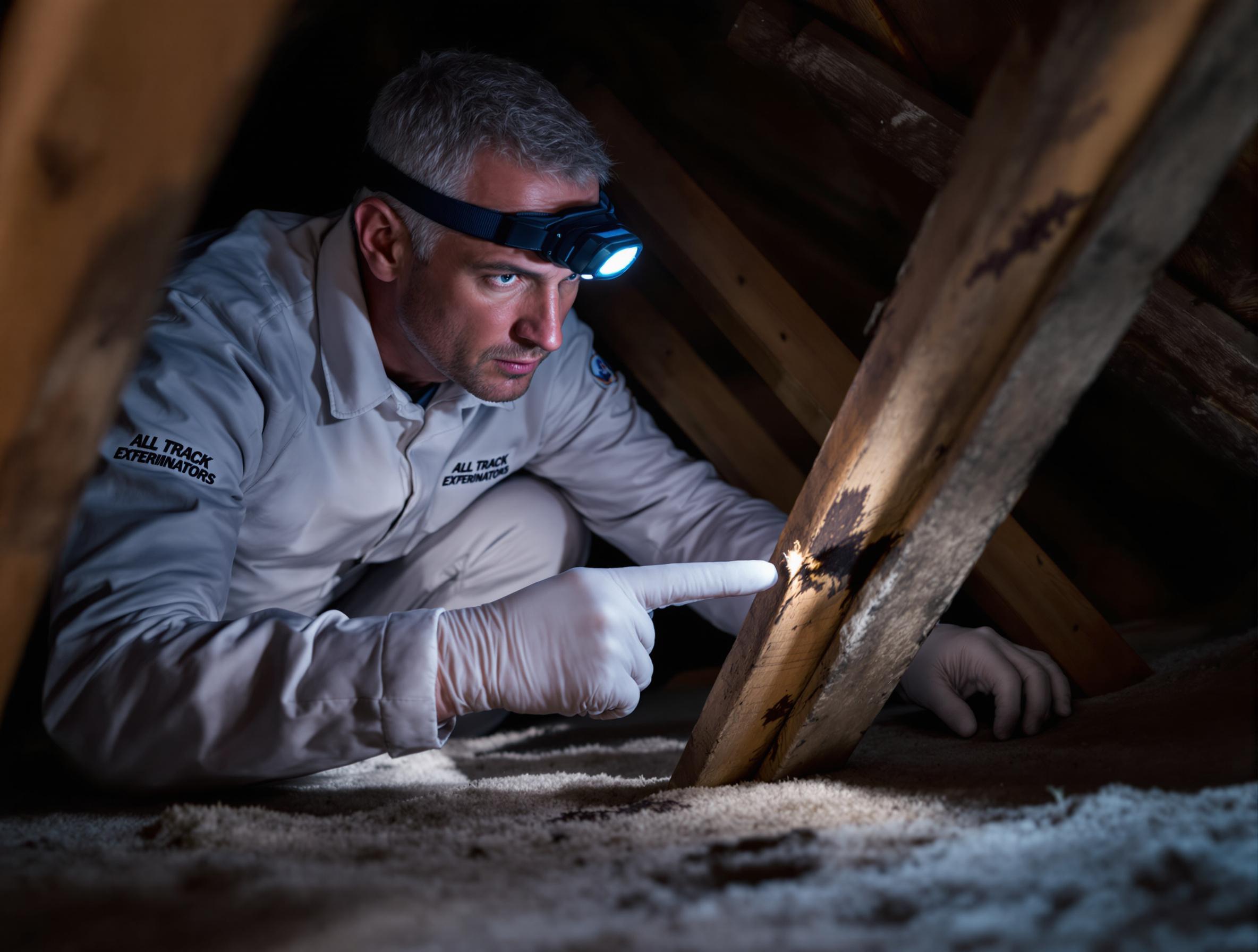 Technician performing attic pest inspection in Pasadena for specialist pest control service