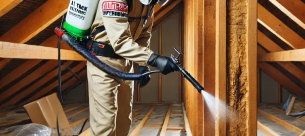 professional termite specialist from All Track Exterminators in Pasadena CA applying a preventative wood treatment to exposed wood