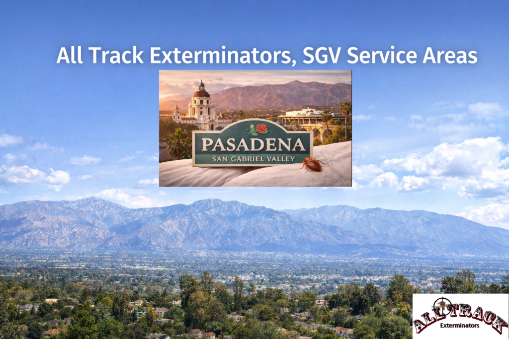 Panoramic view of the San Gabriel Valley and mountains highlighting All Track Exterminators service areas throughout Pasadena and the SGV Logo and Pasadena sign with the City Hall in the back of the Sign