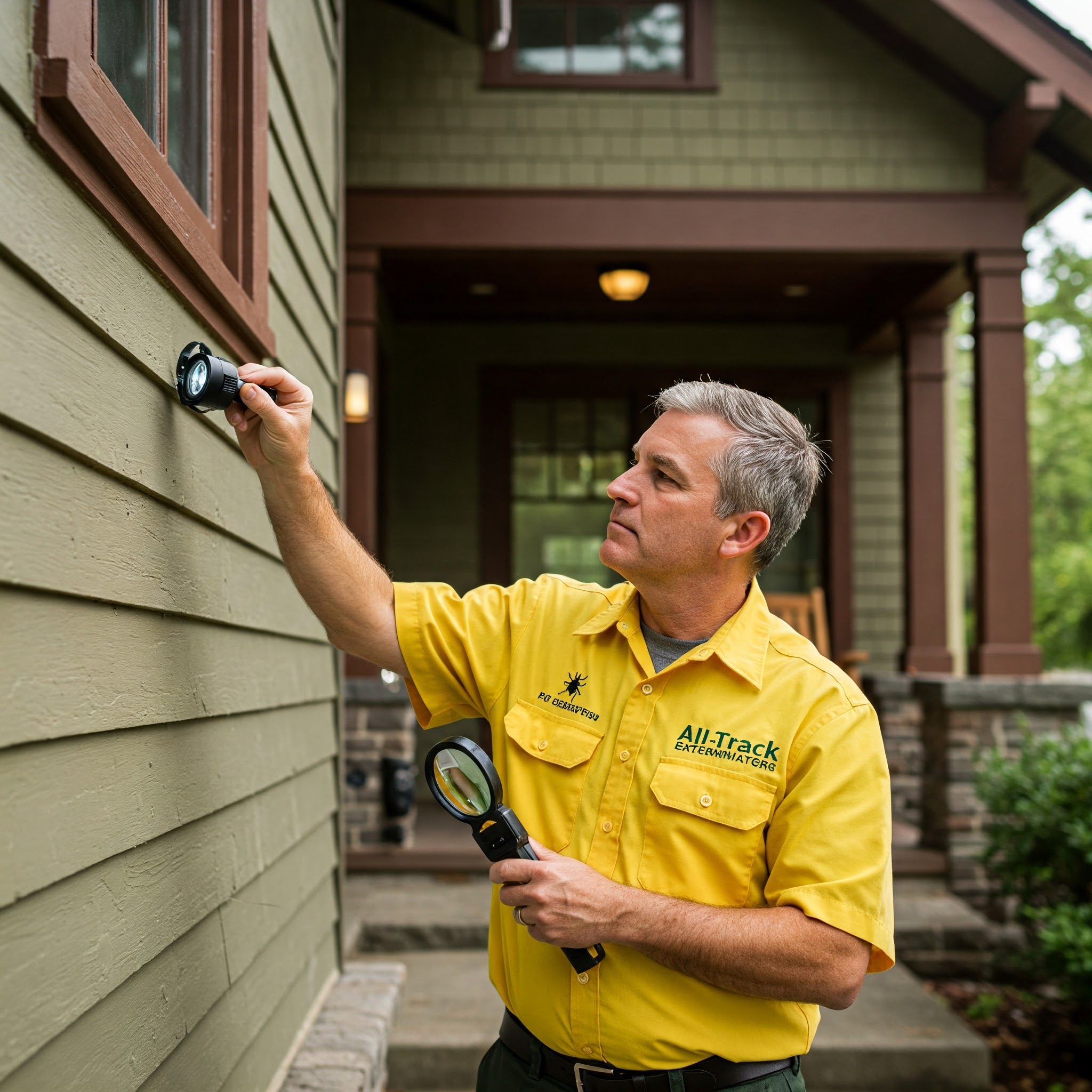 Pest control specialist inspecting a Pasadena home for entry points and pest activity