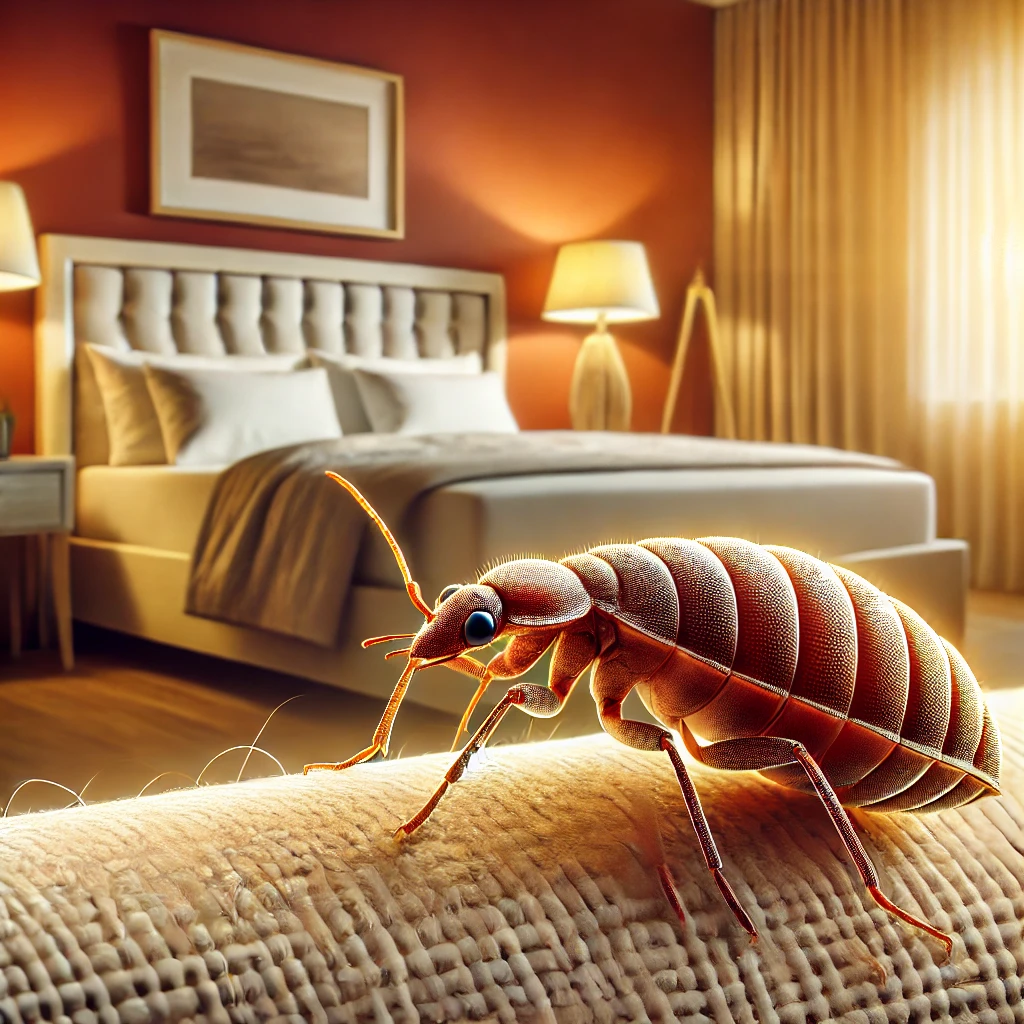A close-up of a bed bug on a headboard in a bedroom