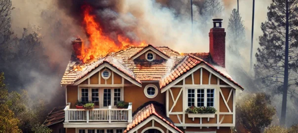 A house on fire with smoke rising from the nearby Eaton Canyon fire emphasizing post-fire damage