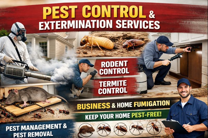A professionally designed digital banner featuring pest control and extermination services, with keywords including pest control, exterminator, termite control, rodent control, fumigation, and pest-free home. Landscape format with clean, bold visuals and service icons.