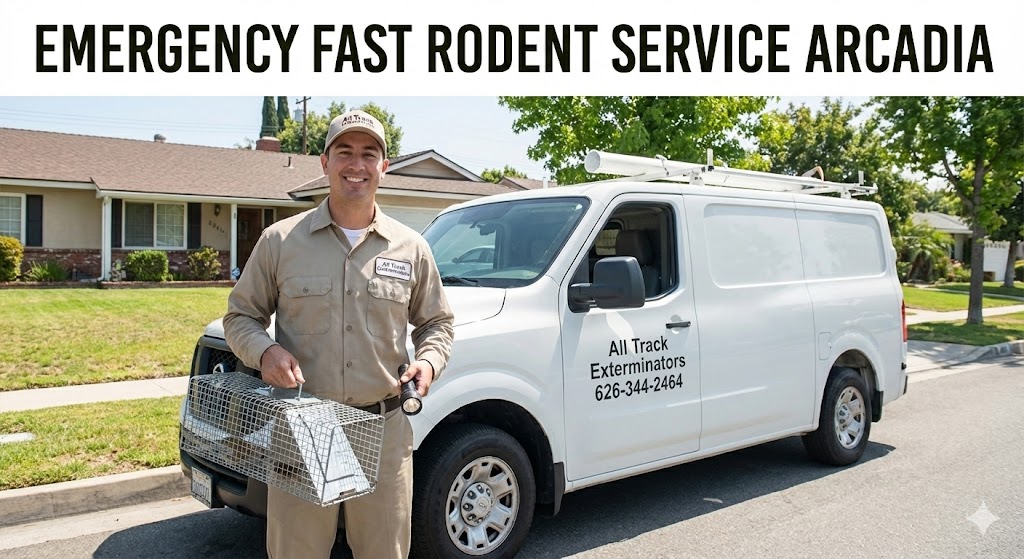 A professional All Track Exterminators technician in uniform holding a humane trap and flashlight standing in front of a branded service van on a sunny tree-lined street in Arcadia California.