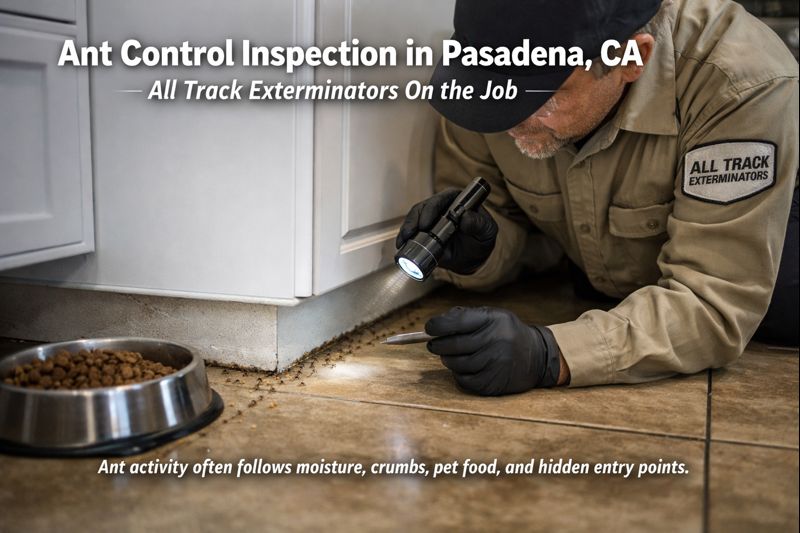 Ant control inspection in Pasadena CA showing ant trails near a kitchen entry point by All Track Exterminators