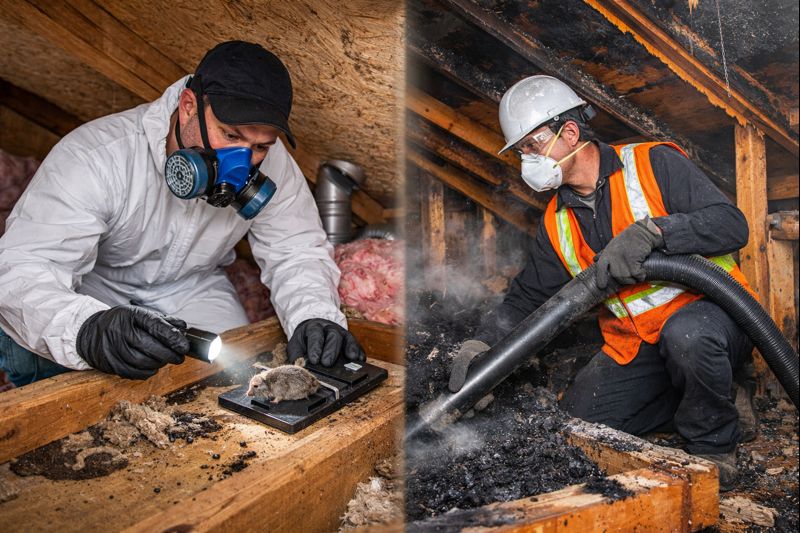 Attic space showing pest control inspection and restoration work in separate areas of a residential structure