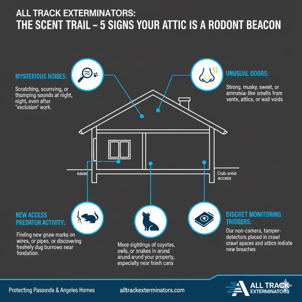 Infographic titled 'The Scent Trail – 5 Signs Your Attic Is a Rodent Beacon' showing a house outline with visual callouts for scratching noises, unusual odors, predator activity, crawl space access points, and discreet monitoring triggers — by All Track Exterminators, serving Pasadena and Angeles homes.