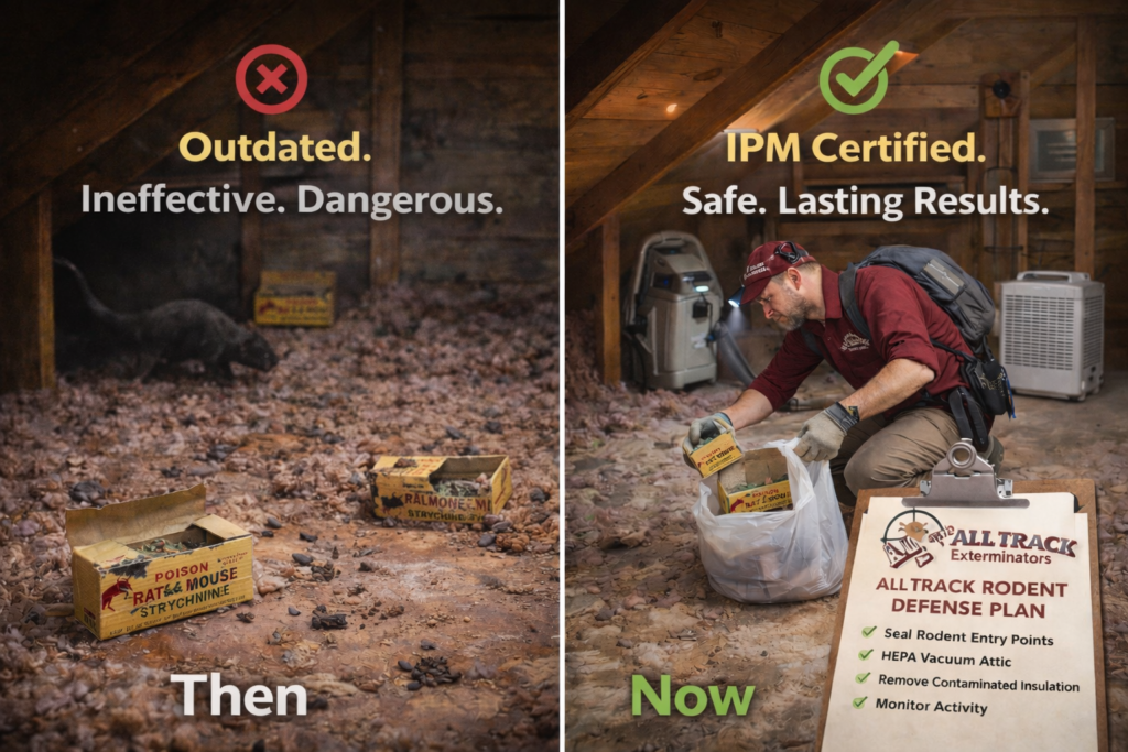 Side-by-side attic photo showing outdated rodent control methods with bait boxes vs modern integrated pest management (IPM) strategies with cleaned and resealed attic space