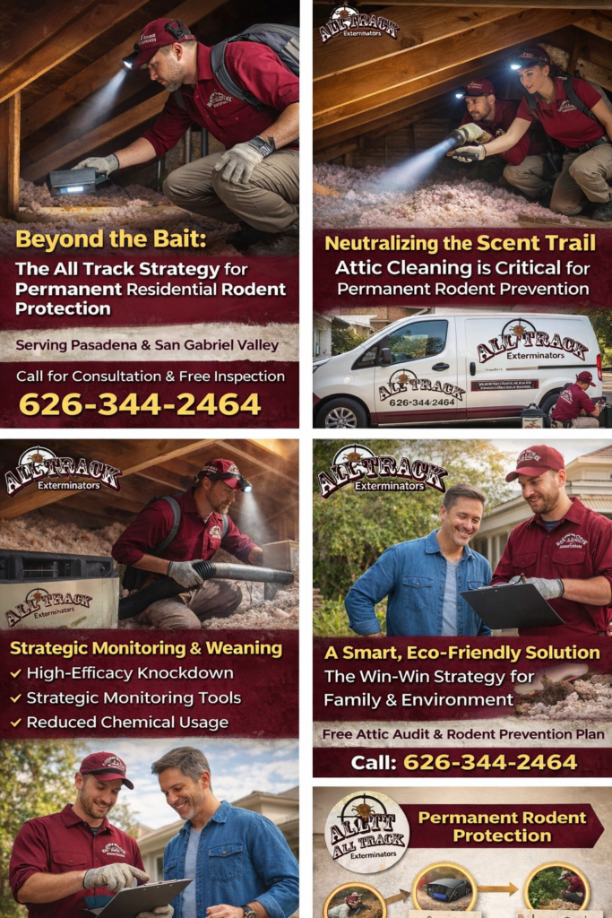 All Track Exterminators permanent rodent protection service highlights — attic inspections, scent trail neutralization, eco-friendly rodent control, and strategic monitoring in Pasadena and the San Gabriel Valley.
