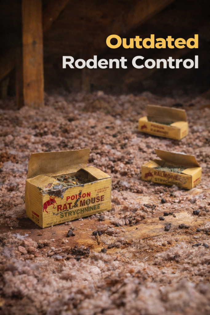 Aged strychnine rat and mouse bait boxes with rodent chew marks scattered in attic, representing outdated and ineffective rodent control methods