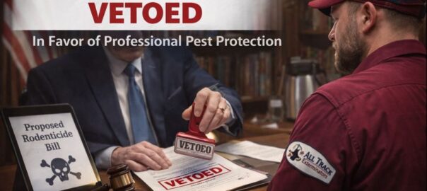 Legislator vetoing rodenticide restriction bill in government office, advocating for professional pest control exemptions