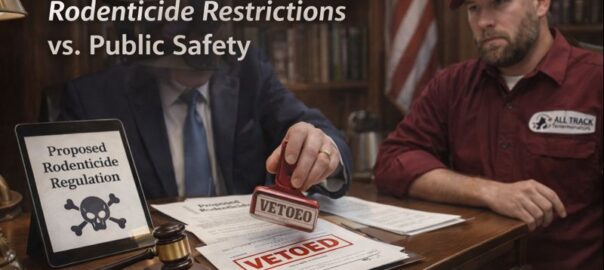 A government desk with a “VETOED” stamp across a proposed rodenticide regulation, with a professional pest control expert in the background looking concerned. This aligns with the message of the article.