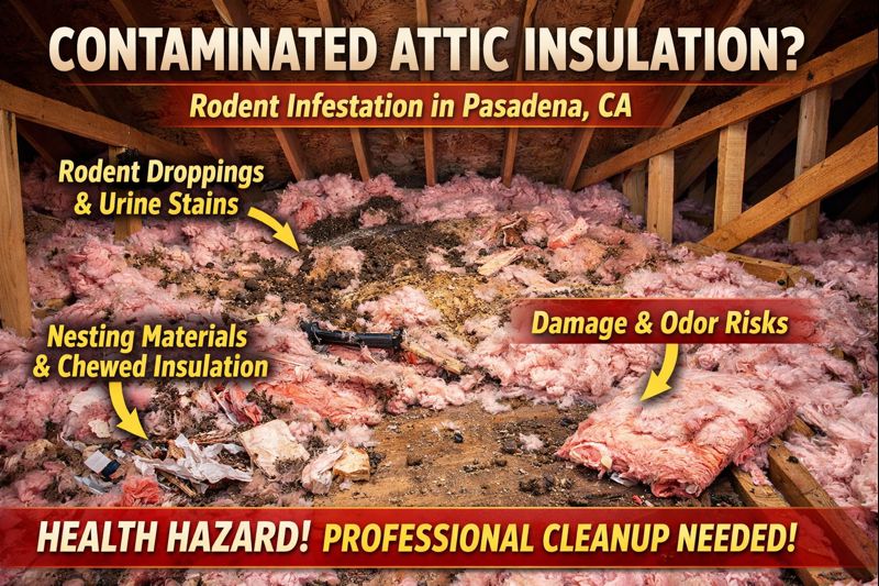Contaminated attic insulation in Pasadena CA with signs of rodent activity and disturbed insulation requiring cleanup