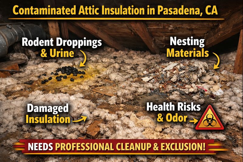 Contaminated attic insulation in Pasadena CA showing rodent droppings, nesting debris, damaged insulation, and health risks requiring professional cleanup