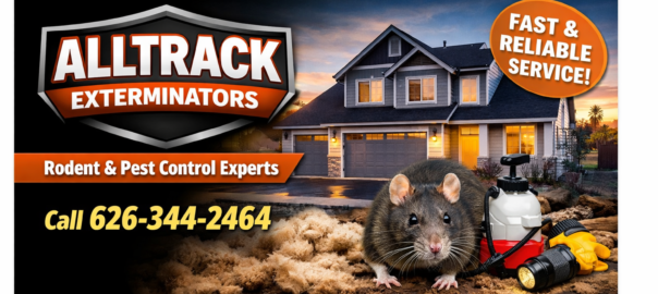 All Track Exterminators technician providing rodent and pest control service at a residential doorstep in Pasadena, CA