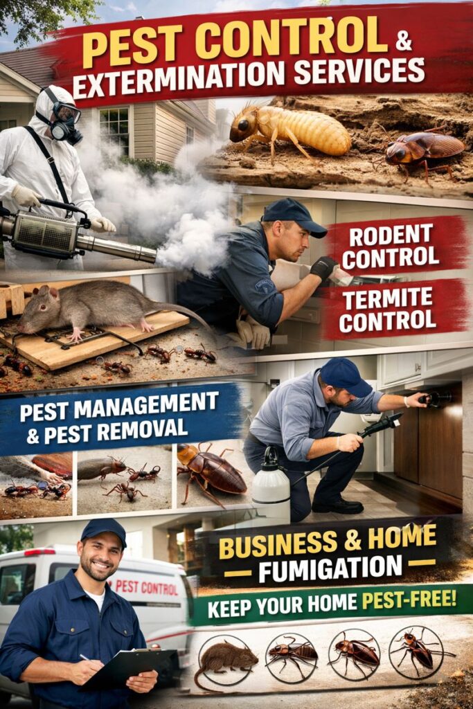 A pest control technician applying treatment in a residential home, representing effective pest control solutions to eliminate infestations and protect family living spaces.