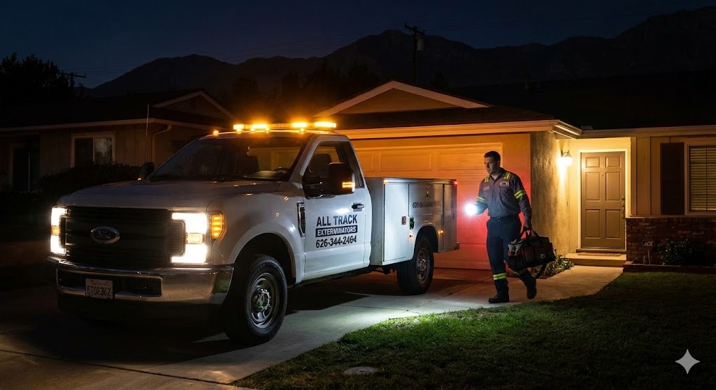 Nighttime view of an All Track Exterminators branded van with flashing lights in an Arcadia driveway as a technician with a flashlight and gear bag hurries toward a home for emergency rodent control.