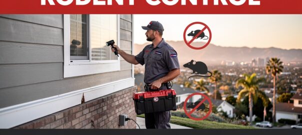 All Track Exterminators offers 24/7 emergency rodent control services in Arcadia, with a technician inspecting a home for pests.