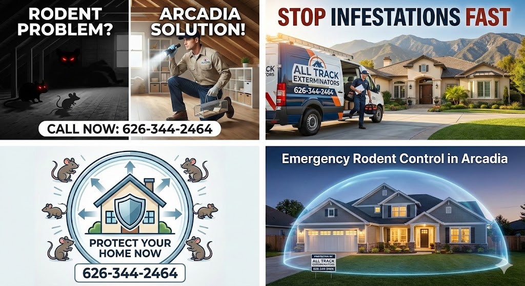 Four-panel collage promoting All Track Exterminators rodent control in Arcadia CA showing an attic inspection branded van technician arriving at a home cartoon shield graphic against rats and a house under a protective dome at night with text Emergency Rodent Control Stop Infestations Fast and phone number 626-344-2464