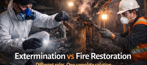 Attic space showing pest control inspection and restoration work in separate areas of a residential structure