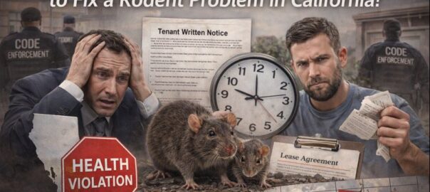 Visual representation of tenant rights in California showing a clock and rodent imagery to highlight legal timelines for landlords to fix rodent problems in rental properties — optimized for Pasadena and San Gabriel Valley renters and property owners.
