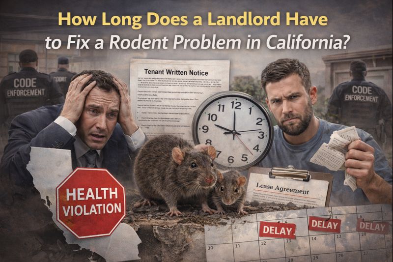 Visual representation of tenant rights in California showing a clock and rodent imagery to highlight legal timelines for landlords to fix rodent problems in rental properties — optimized for Pasadena and San Gabriel Valley renters and property owners.