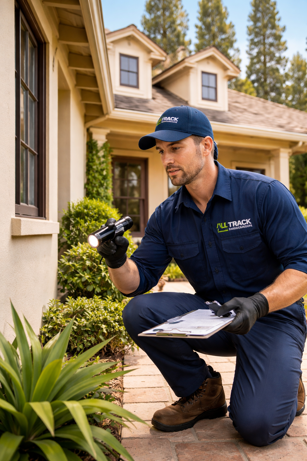 Pest control specialist performing a home inspection in Pasadena by All Track Exterminators