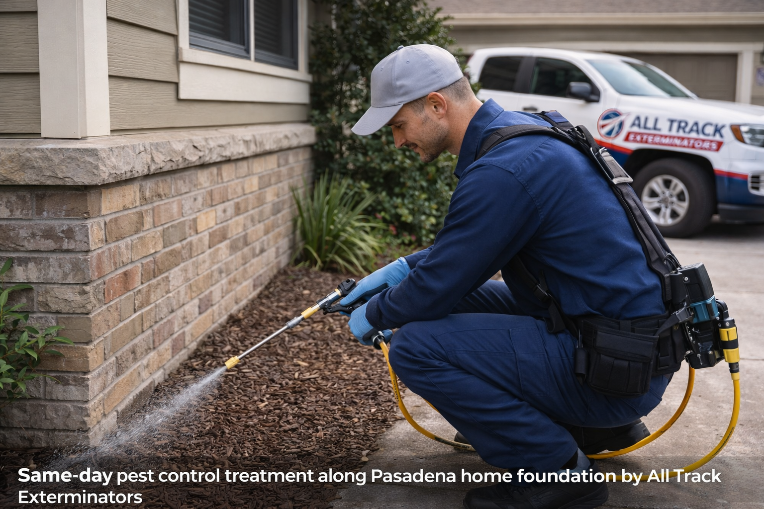 Same-day pest control treatment along a Pasadena home foundation by All Track Exterminators