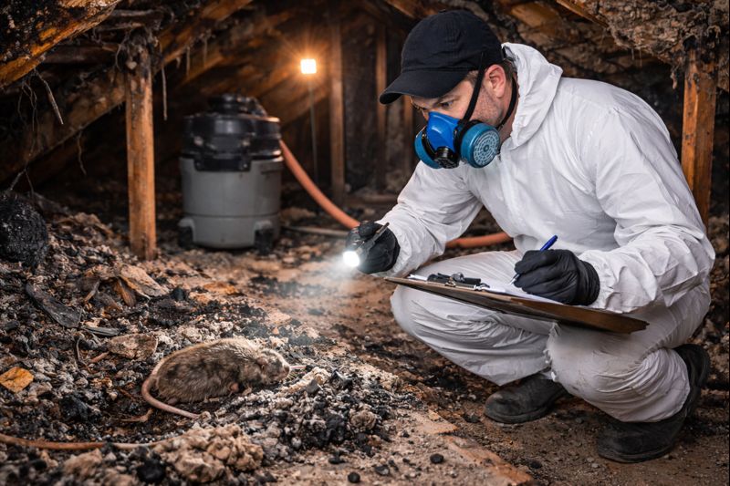 Pest control technician inspecting attic contamination and rodent activity using protective equipment
