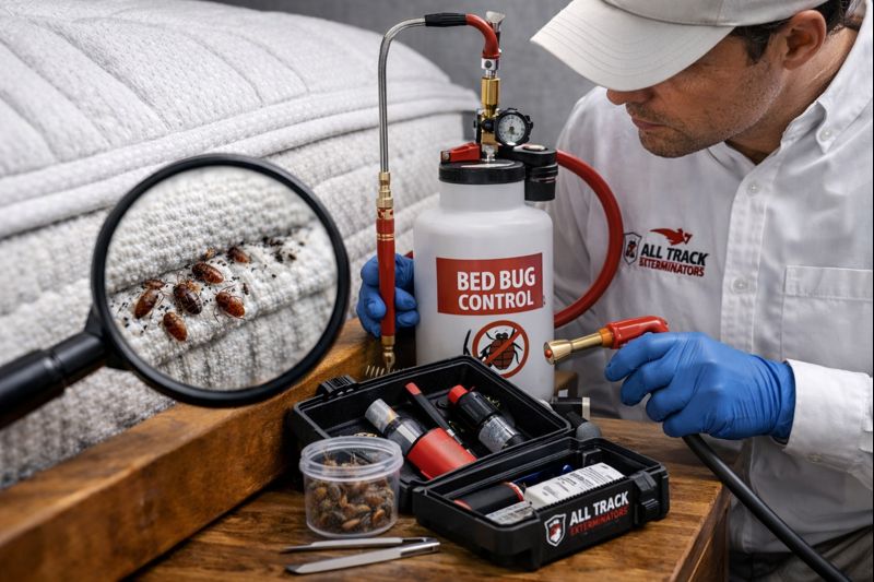 Professional bed bug exterminator from All Track Exterminators inspecting a mattress for bed bugs in Pasadena CA