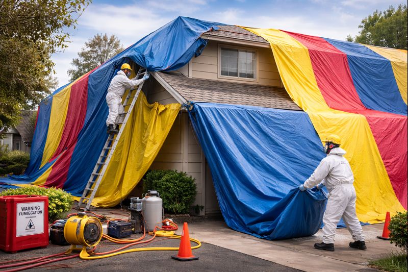 Licensed pest control technicians installing fumigation tarps and gas lines on a residential structure in Pasadena CA