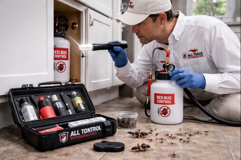 Professional insect control technician from All Track Exterminators inspecting a kitchen for insect activity in Pasadena CA