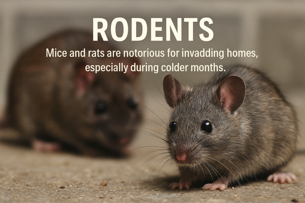 Photo of a mouse in focus and a rat in the background on a concrete floor, representing rodent invasion in homes during colder months. Text overlay reads: "RODENTS – Mice and rats are notorious for invading homes, especially during colder months