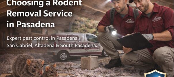 Featured image for blog article 'The Ultimate Guide to Choosing a Rodent Removal Service' by All Track Exterminators, showing a digital composite of a Pasadena home with rodent warning signs, pest control icons, and a licensed technician inspecting attic insulation for rodent activity — emphasizing expert rodent remediation in Pasadena, San Marino, Altadena, South Pasadena, Eagle Rock, and San Gabriel.