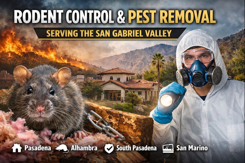 A professionally designed digital banner featuring pest control and extermination services, with keywords including pest control, exterminator, termite control, rodent control, fumigation, and pest-free home. Landscape format with clean, bold visuals and service icons.