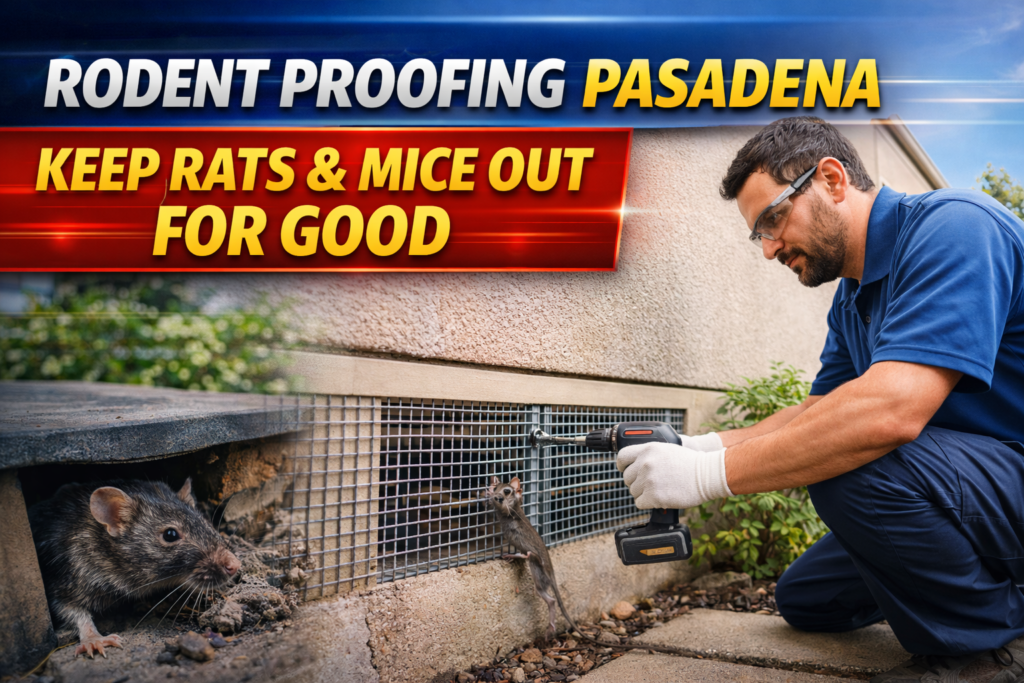 Rodent control technician inspecting a Pasadena attic, with text overlay promoting rodent proofing and exclusion services.