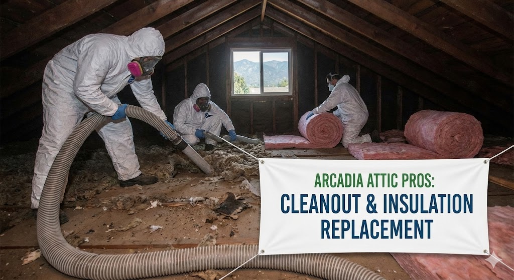 Split-screen image showing a dark attic with old, damaged insulation and rodent silhouettes on the left, and a bright, clean attic with fresh white insulation and an All Track Exterminators technician on the right.
