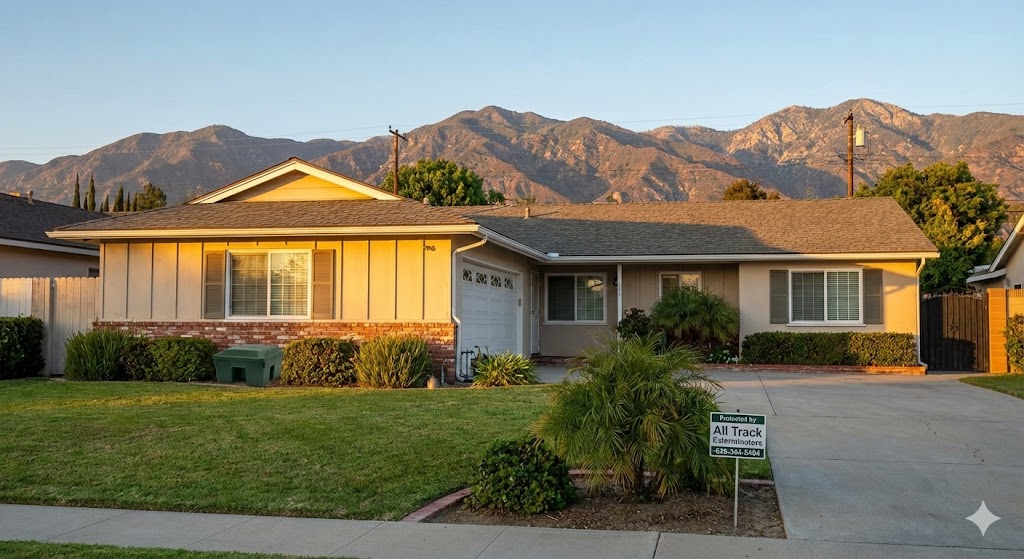 A peaceful Arcadia home at sunset with the San Gabriel Mountains in the background featuring a professional rodent bait station and a yard sign reading Protected by All Track Exterminators 626-344-2464.