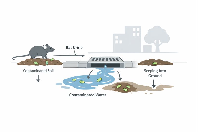 Diagram showing leptospirosis transmission from rat urine contaminating soil and water, affecting dogs and people