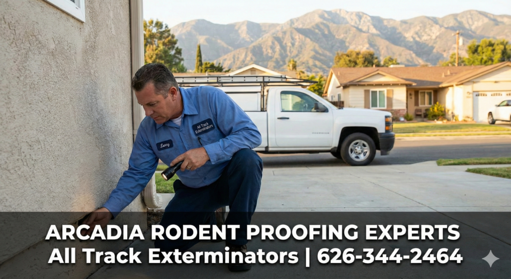 All Track technician inspecting an Arcadia foundation for rodent entry points.