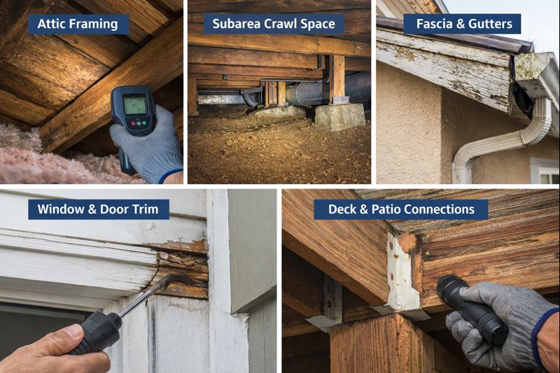 Educational composite showing common termite risk zones: attic framing, subarea wood, fascia near gutters, window and door trim, and deck connections in Pasadena-area homes.