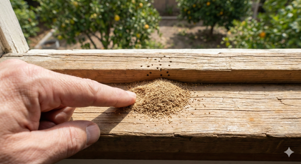 Close-up of termite sand pellets on a windowsill in San Gabriel.