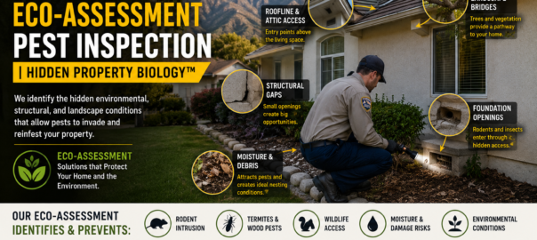 Arcadia pest inspector performing an Eco-Assessment to identify hidden pest pathways, rodent entry points, moisture risks, landscape bridges, and structural openings around a home.