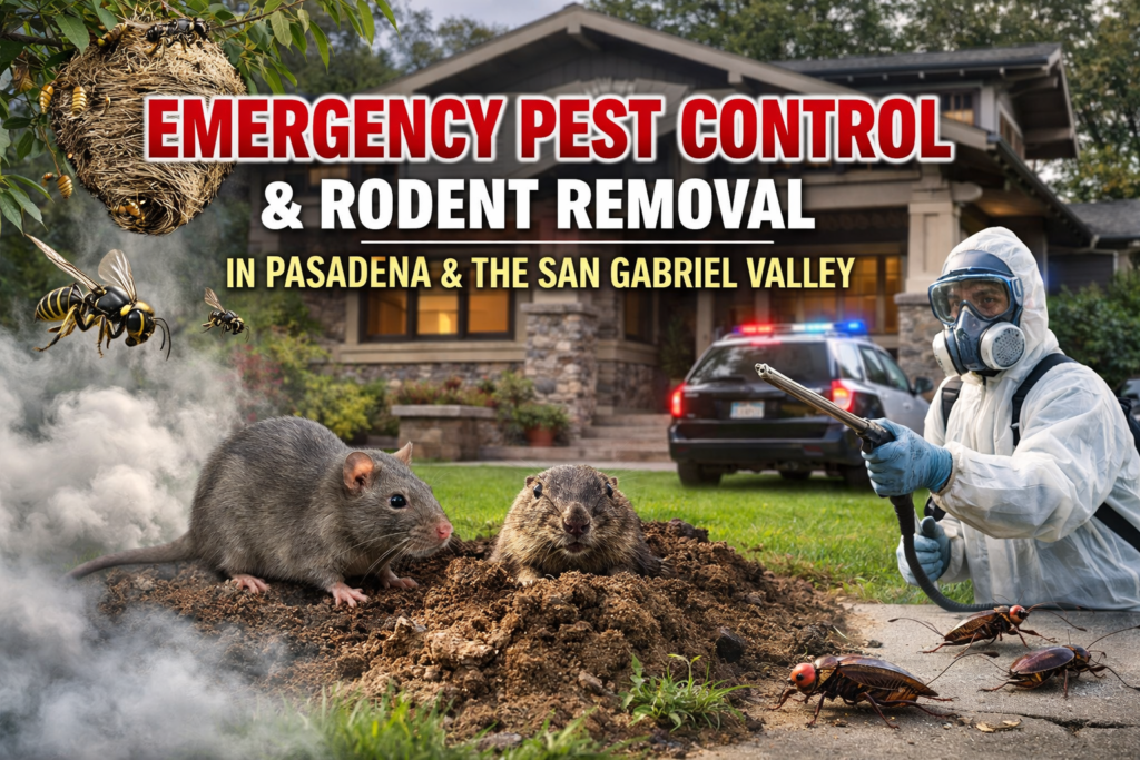 Emergency pest control and rodent removal service in Pasadena and the San Gabriel Valley by All Track Exterminators showing active response to rats, roaches, wasps and gopher activity near a residential home.