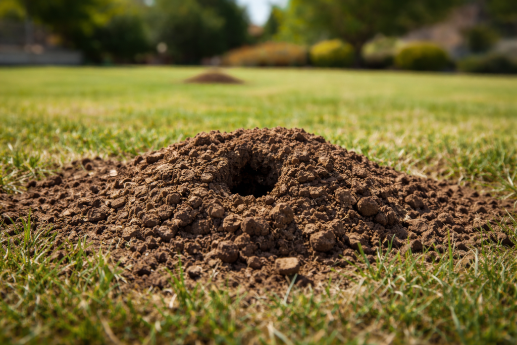 Multiple fresh gopher mounds in a Pasadena lawn – sign of active tunneling requiring professional gopher control. 