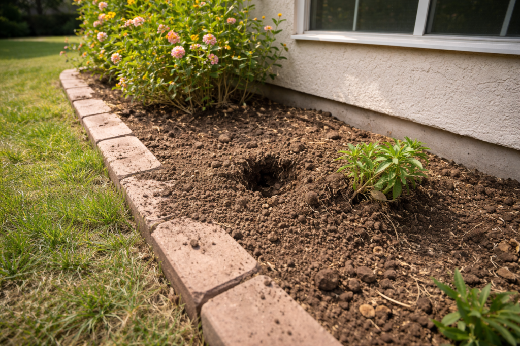 Gopher damage in planter near home foundation in Pasadena CA – missing plant with exposed roots from active tunnel system