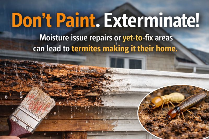 Illustration showing moisture-damaged wood attracting termites near rooflines and exterior trim before painting or repairs.
