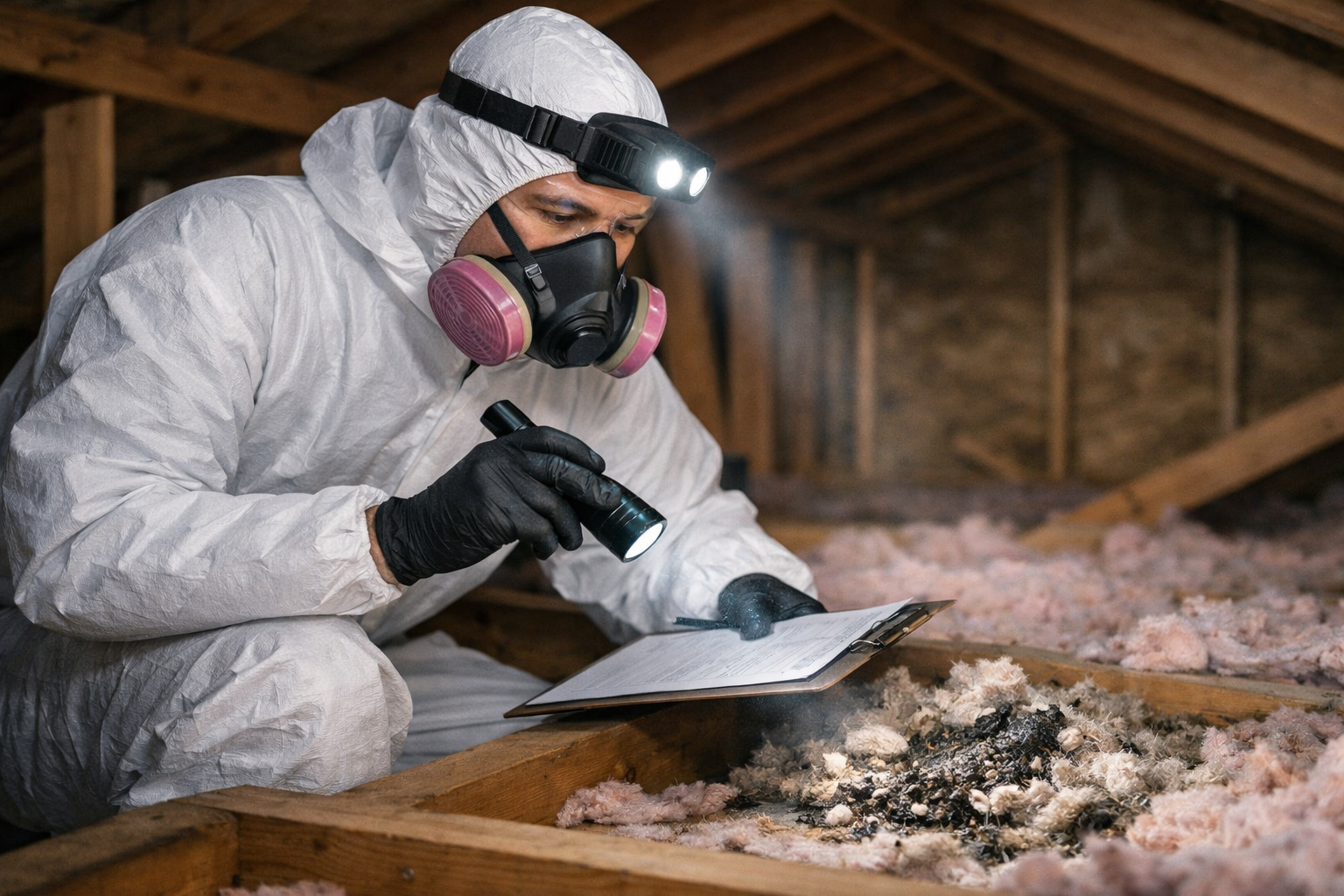 Pasadena rodent exterminator performing attic inspection and structural sanitation assessment