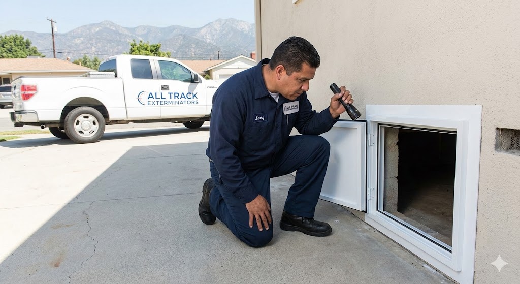 Specialist technician Larry identifying potential entry points at a Rosemead home's crawl space to stop the cause of pest attacks.