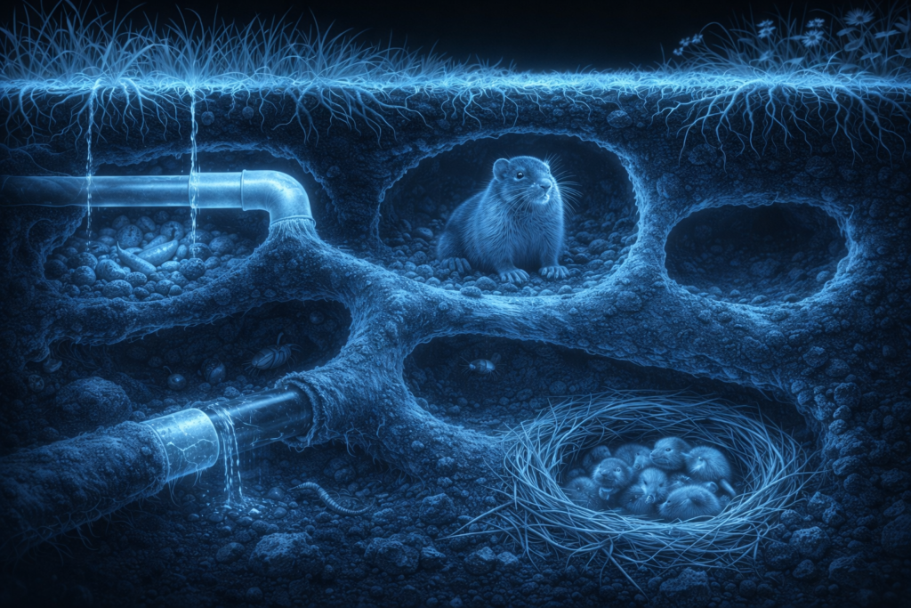 Illustrates how connected tunnel systems can extend beneath residential lawns, planter beds, irrigation lines, and near structural foundations.